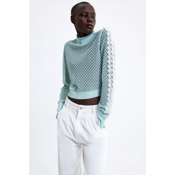 ZARA Aqua Crochet Knit White Lace Stripe Ruffle Neck Crop Sweater S - Picture 1 of 16